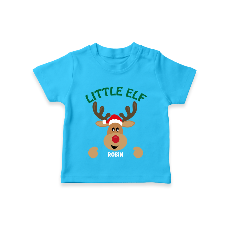 "Little Elf" - Christmas Themed Kids T-Shirt With Customized name - SKY BLUE - 0-5 Months Old (Chest 17")