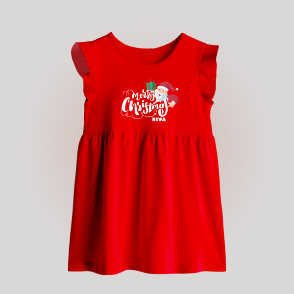 "Merry Christmas" - Christmas Themed Baby Frock With Customized name - RED - 0 - 3 Months Old (Chest 17")