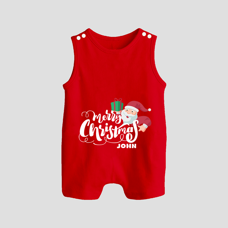 "Merry Christmas" - Christmas Themed Button Romper With Customized name - RED - 0 - 5 Months Old (Chest 18")