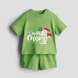 "Merry Christmas" - Christmas Themed Kids Co-ord Set With Customized name - KIWI GREEN - 0-5 months old  (Chest 18")