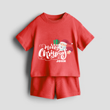 "Merry Christmas" - Christmas Themed Kids Co-ord Set With Customized name - RED - 0-5 months old  (Chest 18")