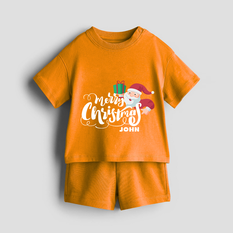 "Merry Christmas" - Christmas Themed Kids Co-ord Set With Customized name - TANGERINE - 0-5 months old  (Chest 18")