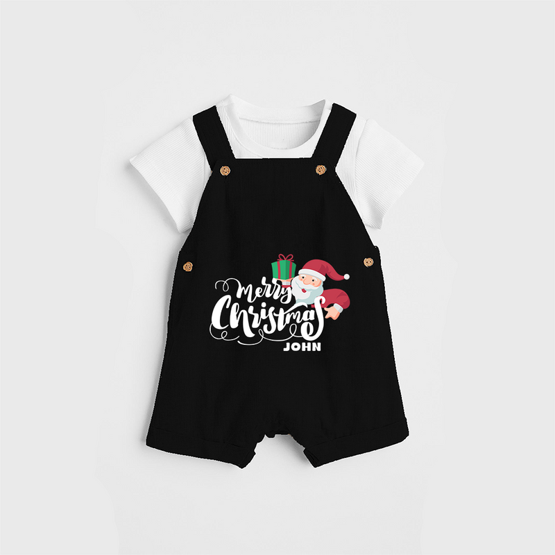 "Merry Christmas" - Christmas Themed Kids Dungaree Set With Customized name - BLACK - 0 - 5 Months Old (Chest 18")