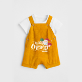 "Merry Christmas" - Christmas Themed Kids Dungaree Set With Customized name - CHROME YELLOW - 0 - 5 Months Old (Chest 18")