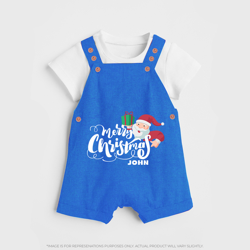 "Merry Christmas" - Christmas Themed Kids Dungaree Set With Customized name - COBALT BLUE - 0 - 5 Months Old (Chest 18")