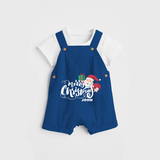 "Merry Christmas" - Christmas Themed Kids Dungaree Set With Customized name - COBALT BLUE - 0 - 5 Months Old (Chest 18")