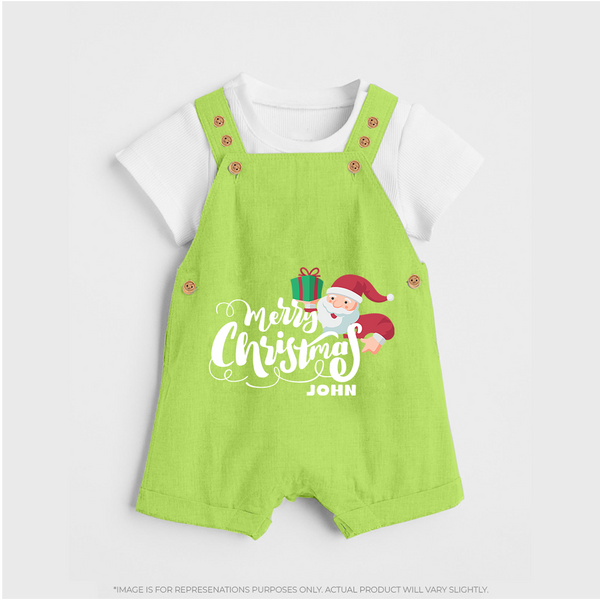 "Merry Christmas" - Christmas Themed Kids Dungaree Set With Customized name - GREEN - 0 - 5 Months Old (Chest 18")