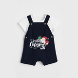 "Merry Christmas" - Christmas Themed Kids Dungaree Set With Customized name - NAVY BLUE - 0 - 5 Months Old (Chest 18")