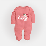 "Merry Christmas" - Christmas Themed Baby Sleep Suit With Customized name - PEACH - New Born (Chest 7.5")