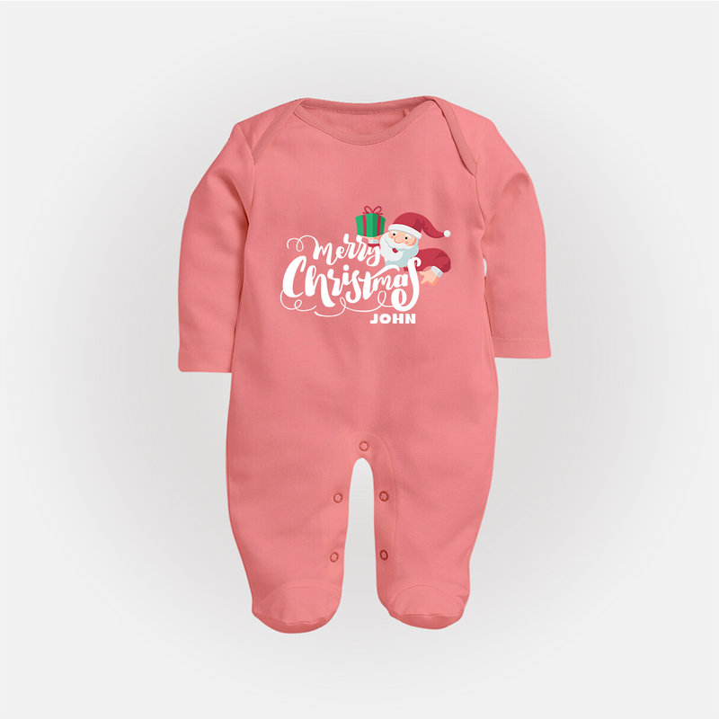 "Merry Christmas" - Christmas Themed Baby Sleep Suit With Customized name - PEACH - New Born (Chest 7.5")