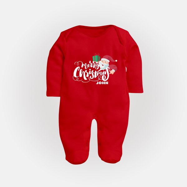 "Merry Christmas" - Christmas Themed Baby Sleep Suit With Customized name - RED - New Born (Chest 7.5")