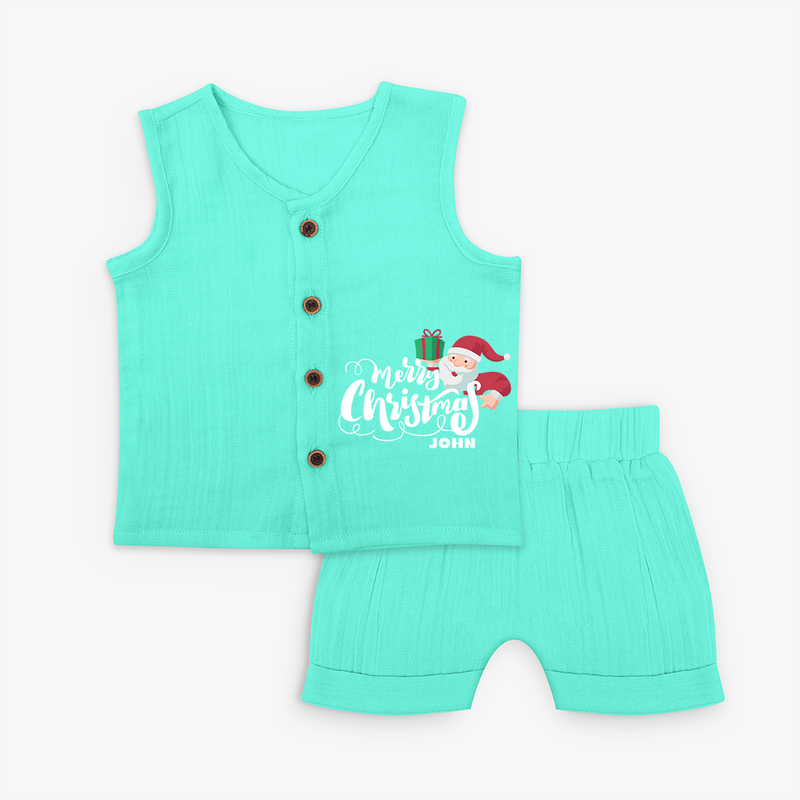 "Merry Christmas" - Christmas Themed Kids Jabla Set With Customized name - AQUA GREEN - 0 - 3 Months Old (Chest 9.8")