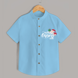 "Merry Christmas" - Christmas Themed Kids Shirt With Customized name - SKY BLUE - 0 - 6 Months Old (Chest 23")