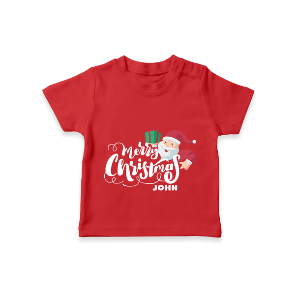 "Merry Christmas" - Christmas Themed Kids T-Shirt With Customized name - RED - 0-5 Months Old (Chest 17")