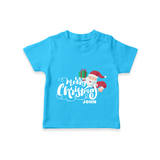 "Merry Christmas" - Christmas Themed Kids T-Shirt With Customized name - SKY BLUE - 0-5 Months Old (Chest 17")