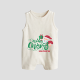 "Merry Christmas" - Christmas Themed Button Romper With Customized name - WHITE - 0 - 5 Months Old (Chest 18")