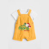 "Merry Christmas" - Christmas Themed Kids Dungaree Set With Customized name - PASTEL YELLOW - 0 - 5 Months Old (Chest 18")