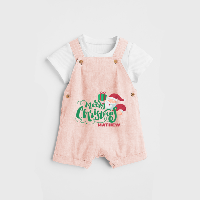 "Merry Christmas" - Christmas Themed Kids Dungaree Set With Customized name - PEACH - 0 - 5 Months Old (Chest 18")