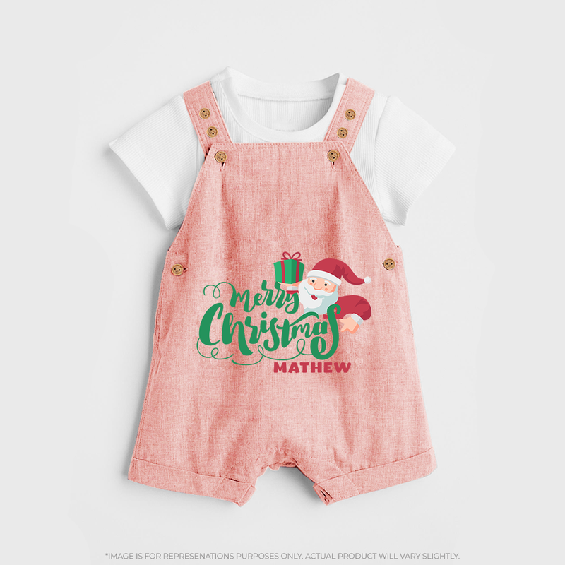 "Merry Christmas" - Christmas Themed Kids Dungaree Set With Customized name - PEACH - 0 - 5 Months Old (Chest 18")