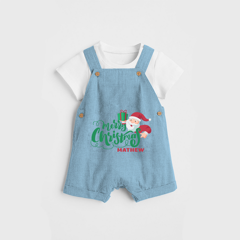 "Merry Christmas" - Christmas Themed Kids Dungaree Set With Customized name - SKY BLUE - 0 - 5 Months Old (Chest 18")