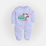 "Merry Christmas" - Christmas Themed Baby Sleep Suit With Customized name - BABY BLUE - New Born (Chest 7.5")