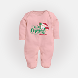 "Merry Christmas" - Christmas Themed Baby Sleep Suit With Customized name - BABY PINK - New Born (Chest 7.5")