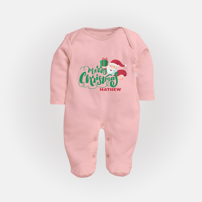 "Merry Christmas" - Christmas Themed Baby Sleep Suit With Customized name - BABY PINK - New Born (Chest 7.5")