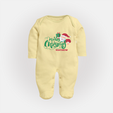 "Merry Christmas" - Christmas Themed Baby Sleep Suit With Customized name - PASTEL YELLOW - New Born (Chest 7.5")