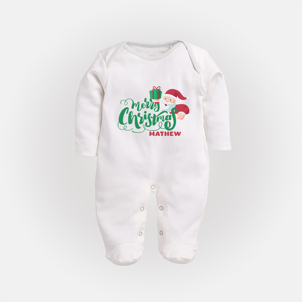 "Merry Christmas" - Christmas Themed Baby Sleep Suit With Customized name - WHITE - New Born (Chest 7.5")