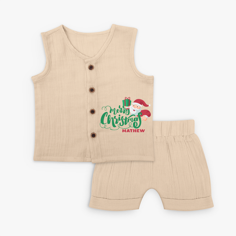 "Merry Christmas" - Christmas Themed Kids Jabla Set With Customized name - CREAM - 0 - 3 Months Old (Chest 9.8")