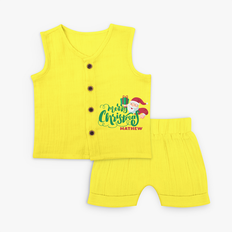 "Merry Christmas" - Christmas Themed Kids Jabla Set With Customized name - YELLOW - 0 - 3 Months Old (Chest 9.8")