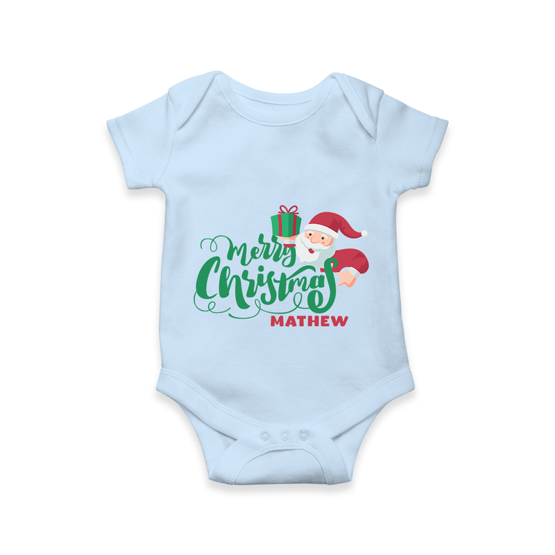 "Merry Christmas" - Christmas Themed Kids Romper With Customized name - BABY BLUE - 0 - 3 Months Old (Chest 16")