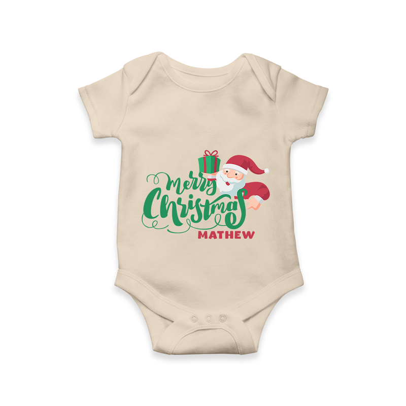 "Merry Christmas" - Christmas Themed Kids Romper With Customized name - IVORY - 0 - 3 Months Old (Chest 16")