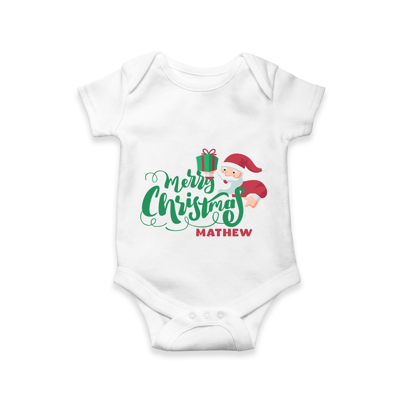 "Merry Christmas" - Christmas Themed Kids Romper With Customized name - WHITE - 0 - 3 Months Old (Chest 16")