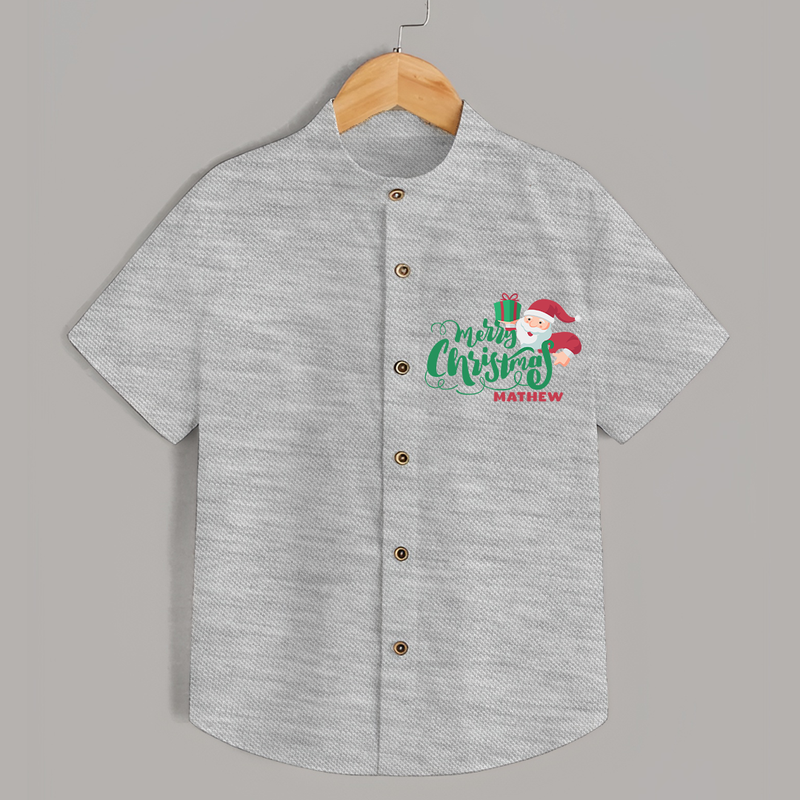 "Merry Christmas" - Christmas Themed Kids Shirt With Customized name - GREY MELANGE - 0 - 6 Months Old (Chest 23")