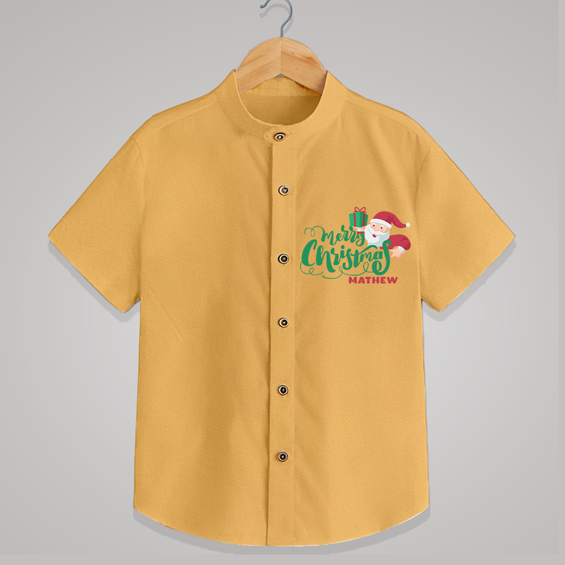 "Merry Christmas" - Christmas Themed Kids Shirt With Customized name - PASTEL YELLOW - 0 - 6 Months Old (Chest 23")