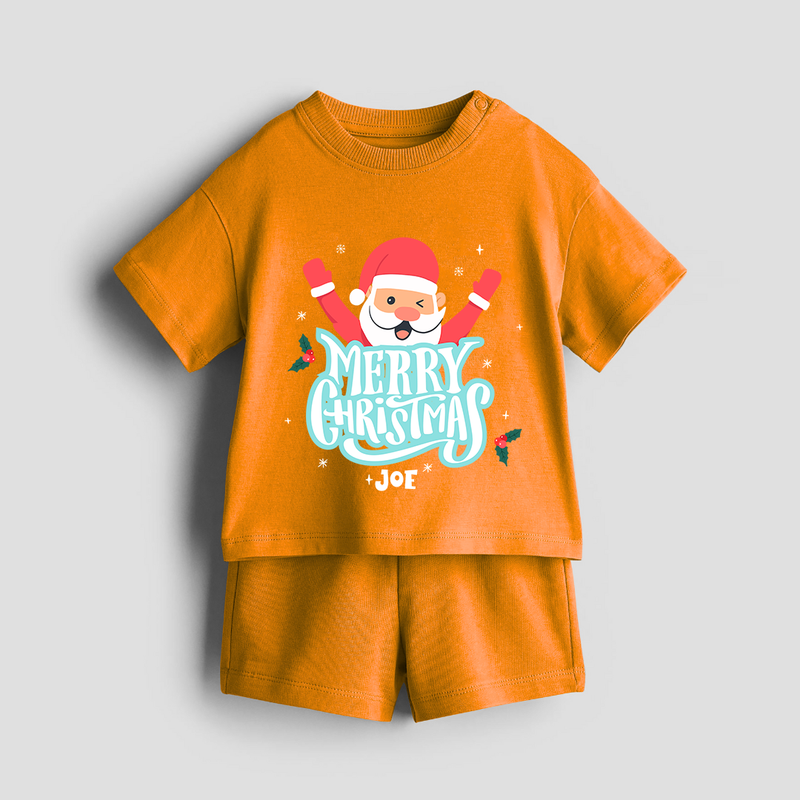 "Merry Christmas, Christmas Vibes" - Christmas Themed Kids Co-ord Set With Customized name - TANGERINE - 0-5 months old  (Chest 18")