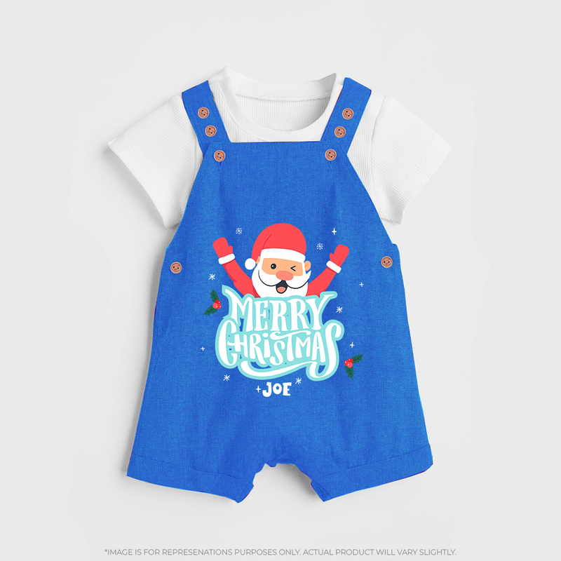 "Merry Christmas, Christmas Vibes" - Christmas Themed Kids Dungaree Set With Customized name - COBALT BLUE - 0 - 5 Months Old (Chest 18")