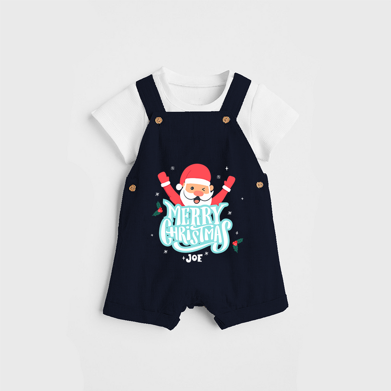 "Merry Christmas, Christmas Vibes" - Christmas Themed Kids Dungaree Set With Customized name - NAVY BLUE - 0 - 5 Months Old (Chest 18")