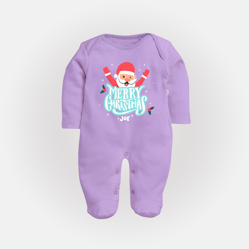 "Merry Christmas, Christmas Vibes" - Christmas Themed Baby Sleep Suit With Customized name - LILAC - New Born (Chest 7.5")