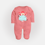 "Merry Christmas, Christmas Vibes" - Christmas Themed Baby Sleep Suit With Customized name - PEACH - New Born (Chest 7.5")