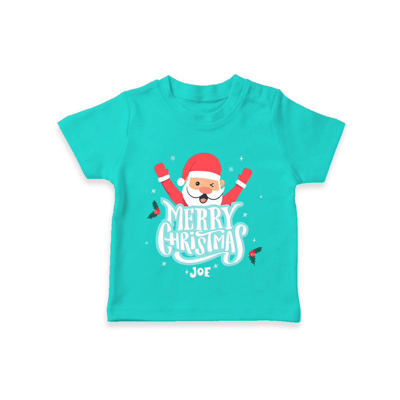 "Merry Christmas, Christmas Vibes" - Christmas Themed Kids T-Shirt With Customized name - TEAL - 0-5 Months Old (Chest 17")