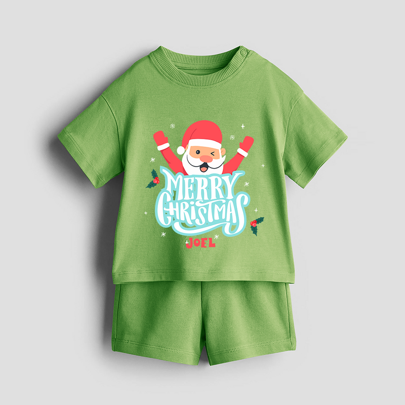 "Merry Christmas, Christmas Vibes" - Christmas Themed Kids Co-ord Set With Customized name - KIWI GREEN - 0-5 months old  (Chest 18")