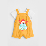 "Merry Christmas, Christmas Vibes" - Christmas Themed Kids Dungaree Set With Customized name - PASTEL YELLOW - 0 - 5 Months Old (Chest 18")