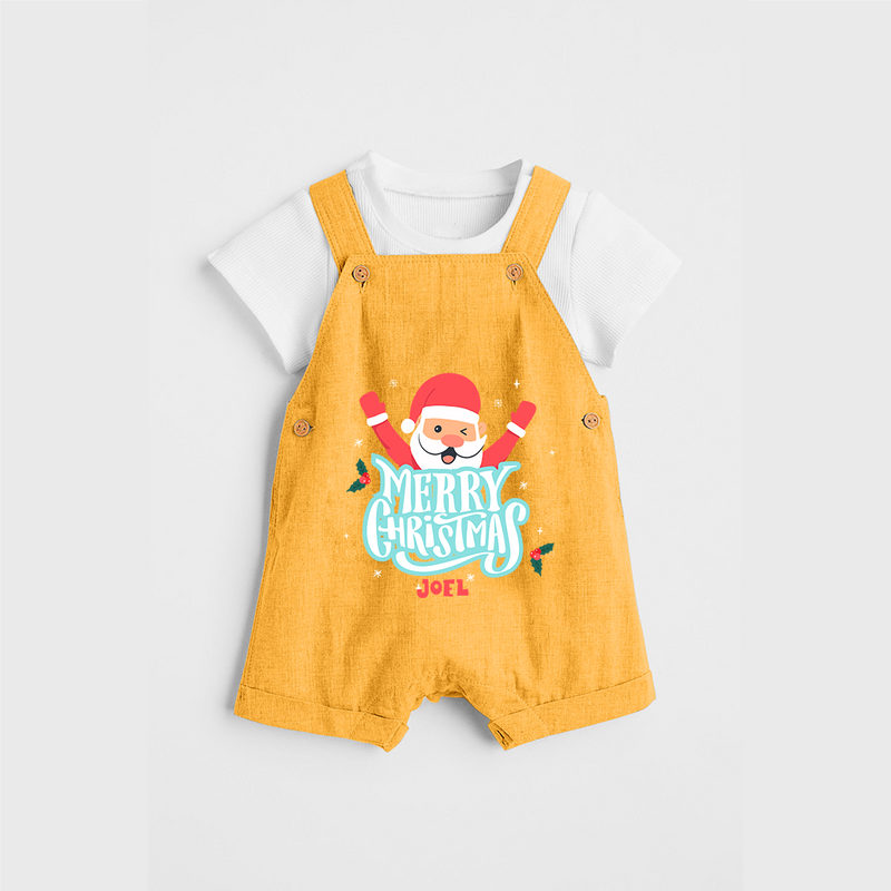 "Merry Christmas, Christmas Vibes" - Christmas Themed Kids Dungaree Set With Customized name - PASTEL YELLOW - 0 - 5 Months Old (Chest 18")