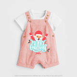 "Merry Christmas, Christmas Vibes" - Christmas Themed Kids Dungaree Set With Customized name - PEACH - 0 - 5 Months Old (Chest 18")