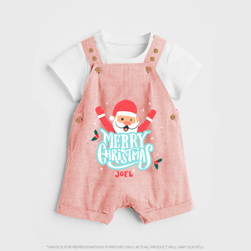 "Merry Christmas, Christmas Vibes" - Christmas Themed Kids Dungaree Set With Customized name - PEACH - 0 - 5 Months Old (Chest 18")