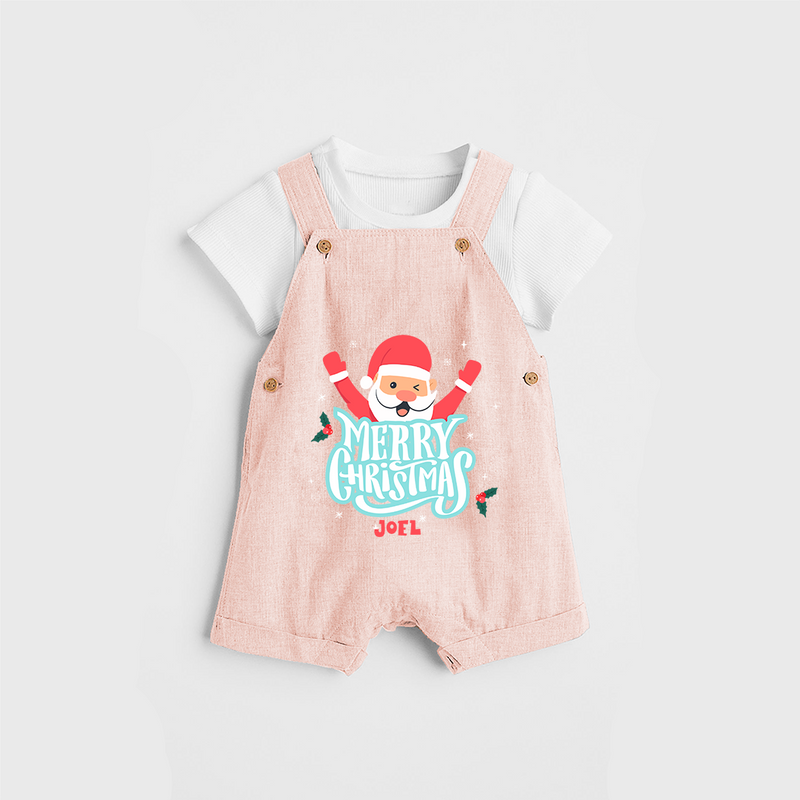 "Merry Christmas, Christmas Vibes" - Christmas Themed Kids Dungaree Set With Customized name - PEACH - 0 - 5 Months Old (Chest 18")