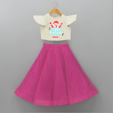 "Merry Christmas, Christmas Vibes" - Christmas Themed Kids Crop Top And Skirt With Customized name - FUSCHIA - 6 - 9 Months Old (Chest 20" , Frock Waist 20")