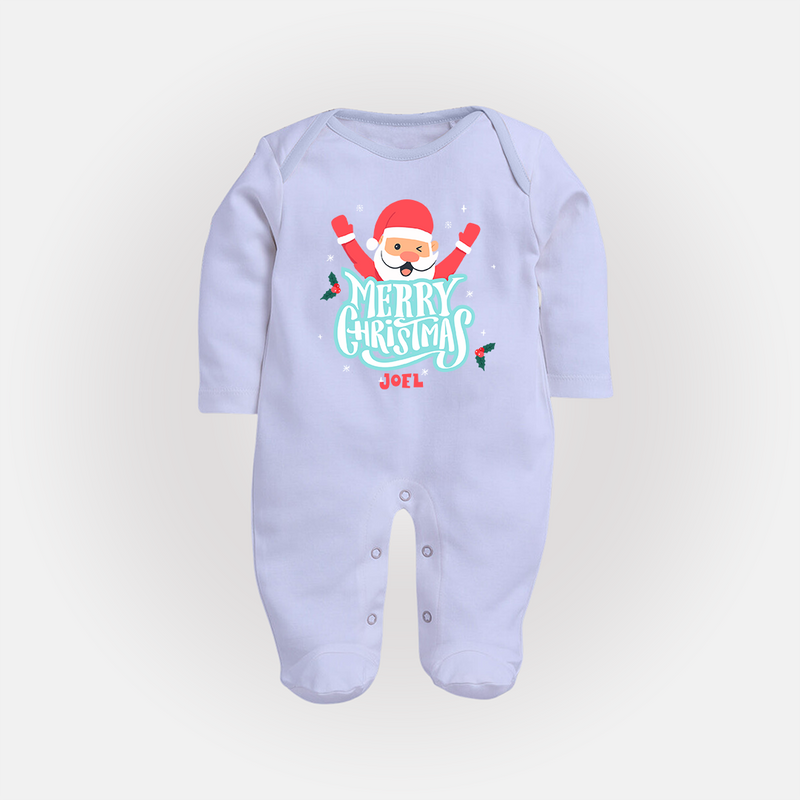 "Merry Christmas, Christmas Vibes" - Christmas Themed Baby Sleep Suit With Customized name - BABY BLUE - New Born (Chest 7.5")